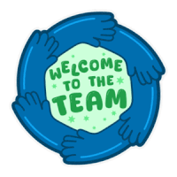 a sticker that says welcome to the team is surrounded by four hands .