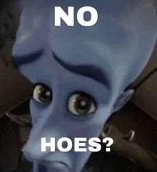 a cartoon character with a sad look on his face and the words " no hoes " above him