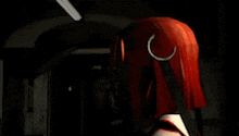 a woman with red hair holds a gun in her hand