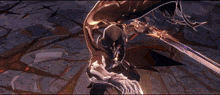 a video game character is laying on the ground with a sword