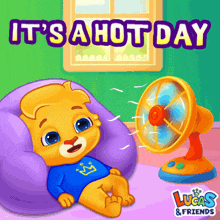 an advertisement for lucas and friends shows a baby laying in a chair with a fan blowing on him