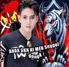 a young man stands in front of a white tiger with a red eye