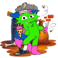 a cartoon drawing of a green monster holding a pizza and a knife
