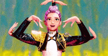 a cartoon girl with purple hair and a gold jacket is making a funny face .