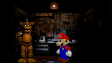 freddy fazbear and mario are standing next to each other in a dark room in a video game .