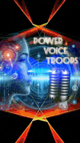 a poster for power voice troops with a microphone