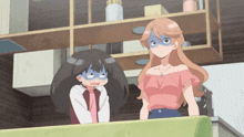 two anime girls are standing next to each other and one has a blue eye