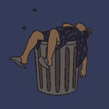 a cartoon of a woman laying in a trash can .