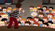 a cartoon of a man standing in front of a crowd of children