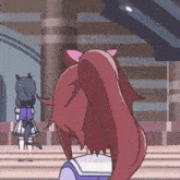 a cartoon of a girl with long red hair and a cat behind her