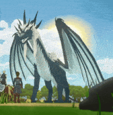 a black and white dragon with wings is standing in a field