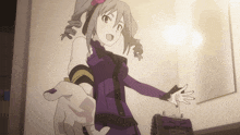 a girl in a purple dress is reaching out towards someone