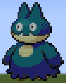 a pixel art drawing of a blue monster with a white eye