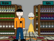 a cartoon of a man and a duck in a liquor store