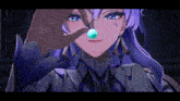 a girl with purple hair and blue eyes is holding a blue sphere in her hand