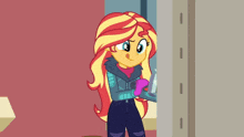 sunset shimmer from my little pony equestria girls is standing in a doorway holding a pink slipper .
