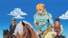 a cartoon of a man riding a horse with two men standing behind him
