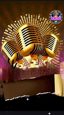 a group of gold microphones floating in the air on a purple background .