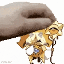 a cartoon character with a hat and glasses is being held by a slipper .