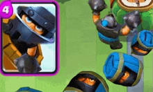 a cartoon character with a helmet on is surrounded by barrels in a game .