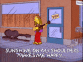 a cartoon of a man playing an ukulele in front of an open store