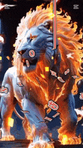 a lion surrounded by flames and letters including the letter o