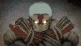 a close up of a cartoon character with glowing eyes and a white head .
