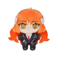 a stuffed doll with orange hair and a badge that says n.o.b