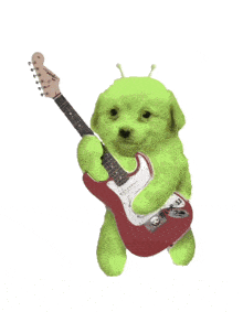 a green puppy is playing a red guitar