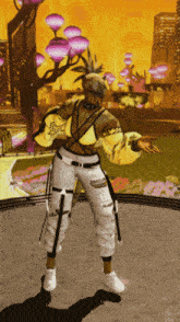 a woman in a yellow top and white pants is dancing in front of a city