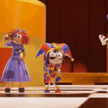 a doll in a purple dress is standing next to a jester doll