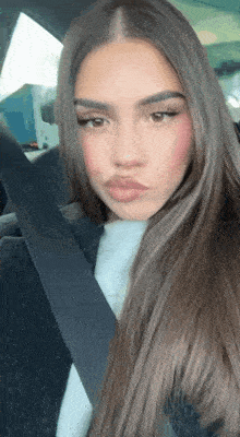 a woman with long brown hair is wearing a black seat belt