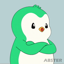 a green and white penguin with its arms crossed has abster written on the bottom
