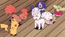 a group of pokemon are standing on a wooden deck