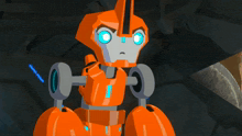 an orange robot with blue eyes is standing in a dark cave
