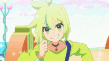 a cartoon girl with green hair and a blue ribbon around her neck