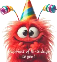 a red monster wearing a party hat with the words happiest of birthdays to you
