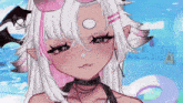 a cartoon girl with white hair and pink highlights is wearing sunglasses and a choker .
