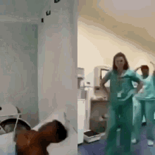 a nurse is standing next to a patient in a hospital bed and another nurse is standing next to a nurse .