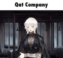 a girl in a black jacket is standing in a dark room with the words qat company above her