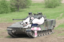 a tank with a cartoon cat sitting on top of it