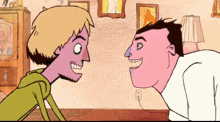 a cartoon of two men looking at each other with one having a purple face