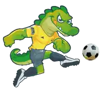 a cartoon of a crocodile kicking a soccer ball with a shirt that says ' gators ' on it