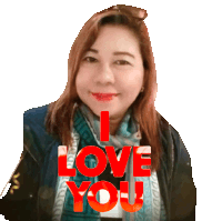 a woman wearing a scarf and a jacket says i love you
