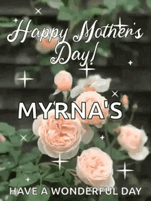 a happy mother 's day greeting card with flowers and the name myrna 's on it .
