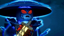 a lego character with red eyes and a hat