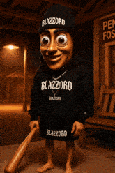 a cartoon character is wearing a black beanie that says blazzard on it