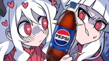 two anime girls are holding a bottle of pepsi in their hands .