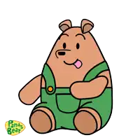 a drawing of a brown bear wearing green overalls with the words pants bear on the bottom right