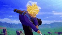a cartoon character is holding a sword in a field with mountains in the background